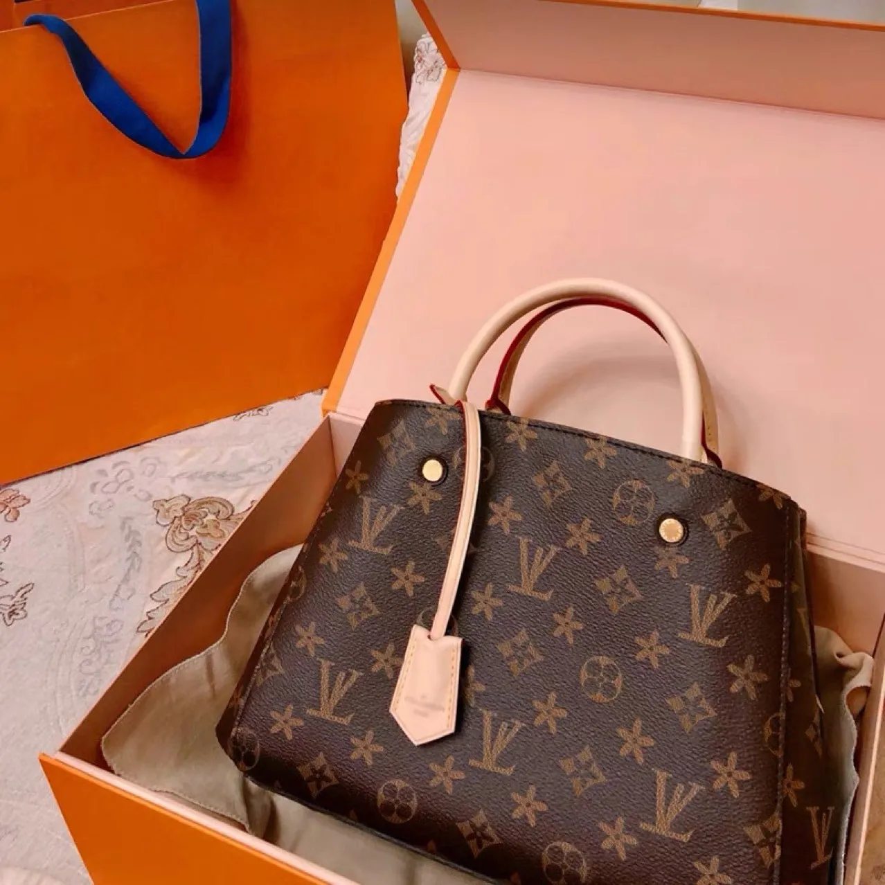 Tote Bag Leather Monogram - Designer Women Bag Embossed Black flower